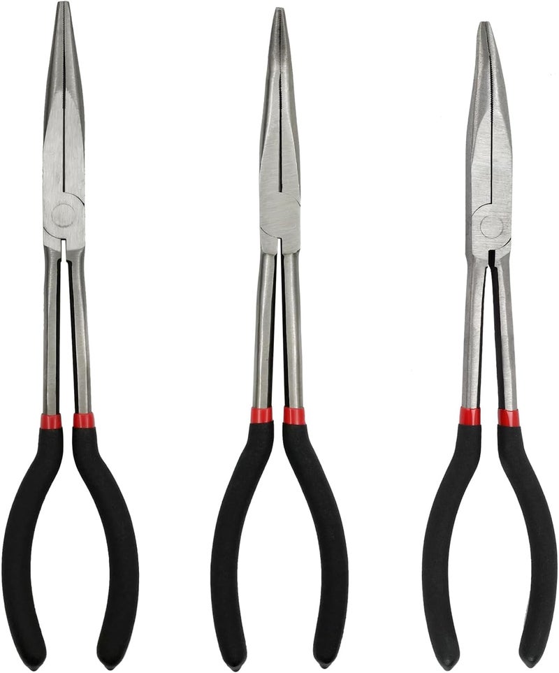 MFBJXC 3-Piece 11" Precision Long Nose Pliers Set with Insulated Comfort Grip Handles,Straight Long Needle Nose Pliers,25/45 Degree Angle Curved Pliers for Wire Bending,Shaping,Trimming - Image 1